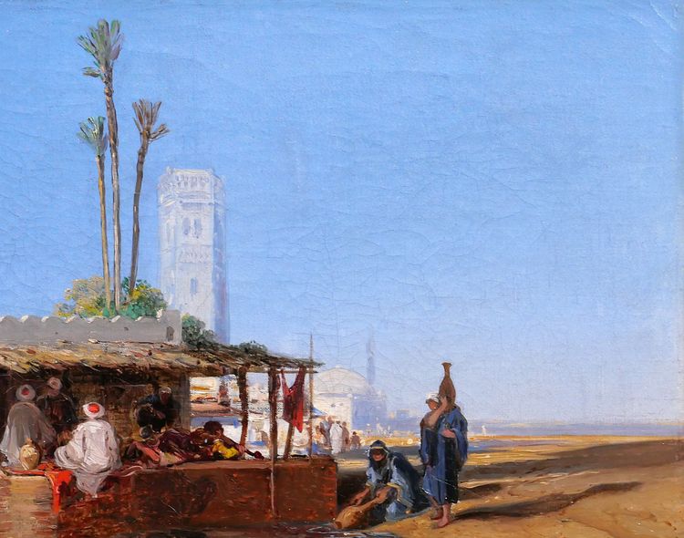 French Orientalist school signed 1851, landscape at the oasis, painting, Morocco, Algeria, Fromentin