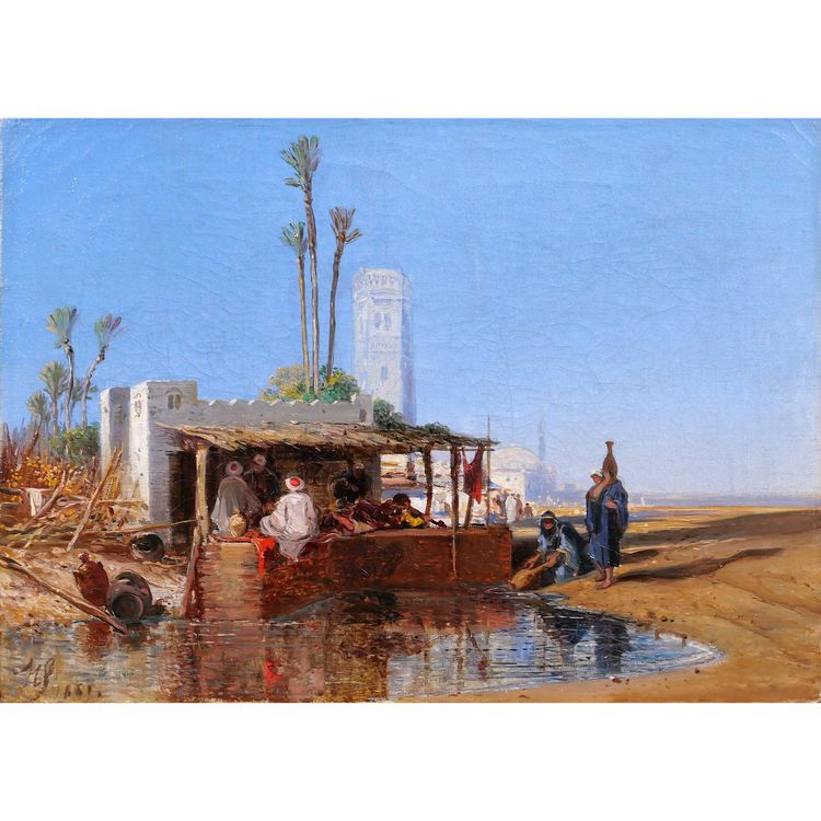 French Orientalist school signed 1851, landscape at the oasis, painting, Morocco, Algeria, Fromentin