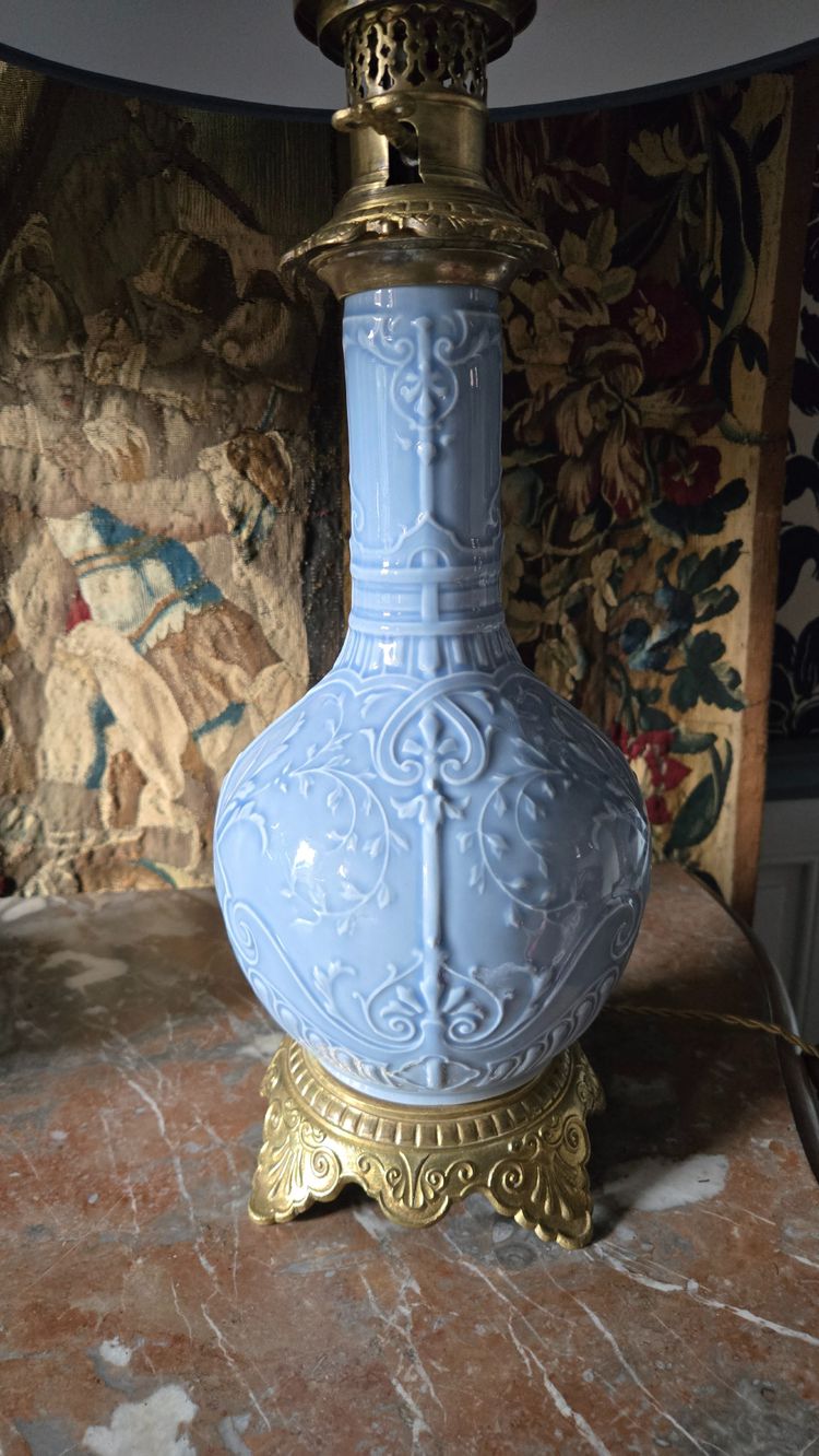 Pair of 19th century Celadon blue porcelain lamps