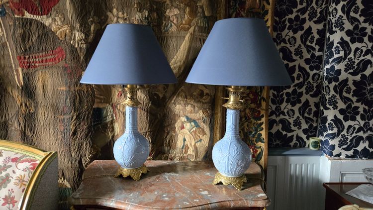 Pair of 19th century Celadon blue porcelain lamps