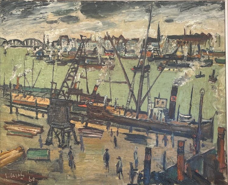 Oil on canvas signed Louis Cazals (1912-1995) and depicting a view of a port, 1960