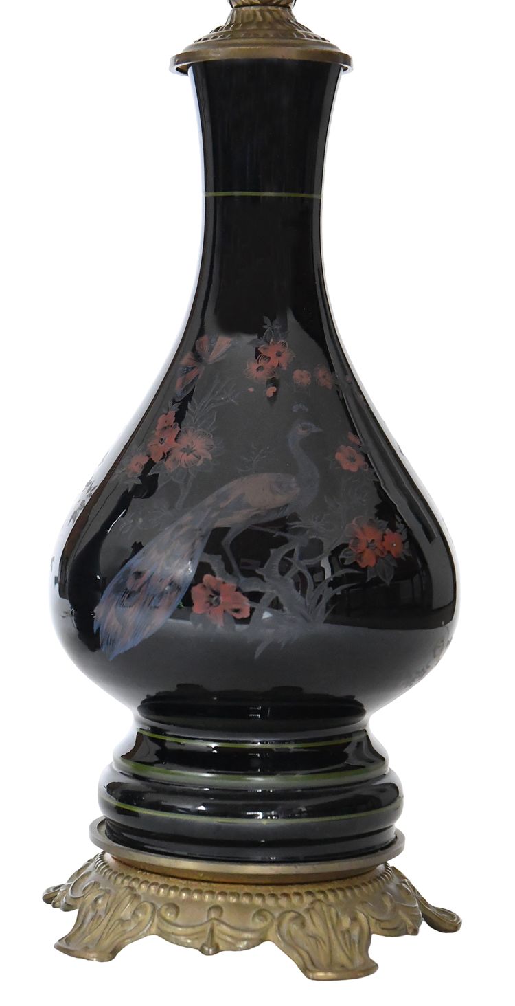 Pair of black opaline oil lamps with enamelled decoration of peacocks and flowers