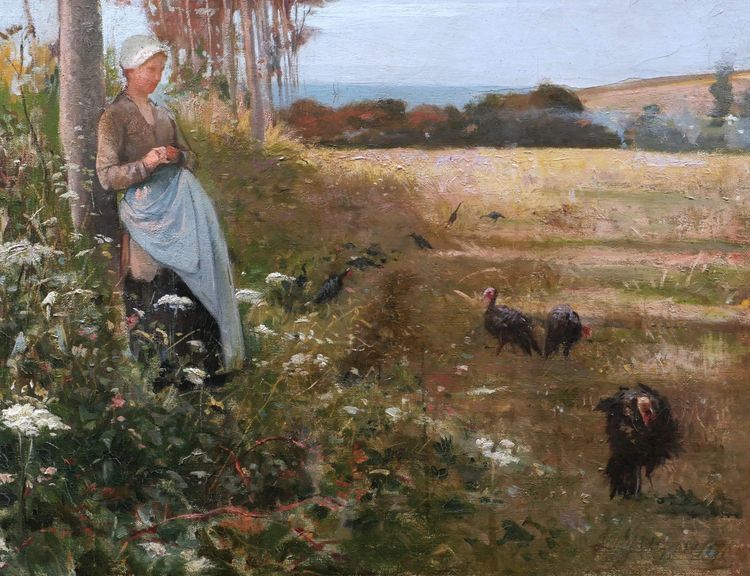 Paul Léon Gagneau, Young Breton Woman Looking After Turkeys By The Sea