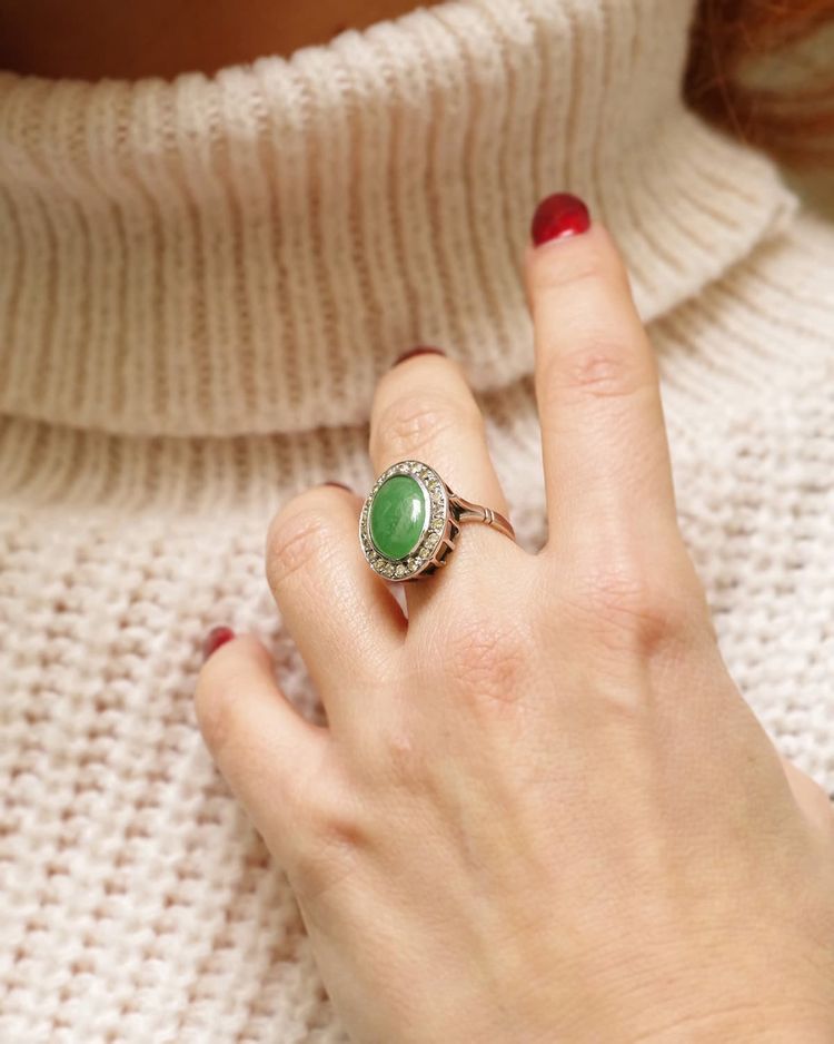 Vintage Jade Diamond Ring In 18 Karat White Go, Vintage Ring, Pre-owned Jewelry, Brilliant Cut 