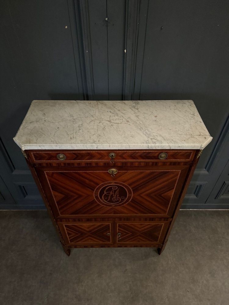 Louis XVI period desk in monogram marquetry and white marble