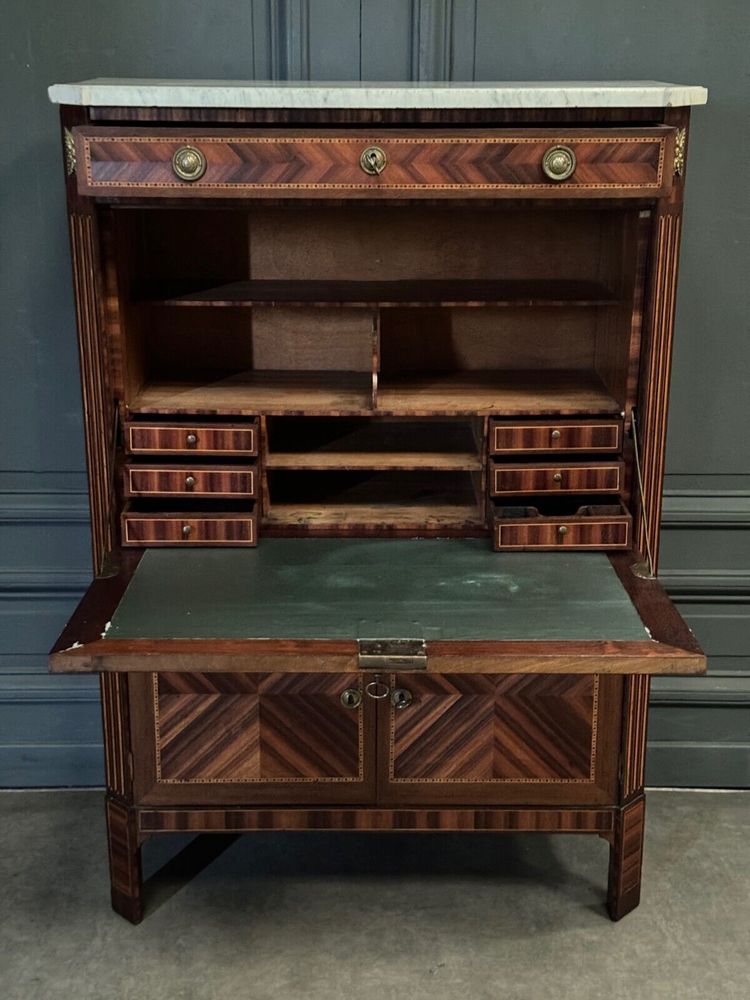 Louis XVI period desk in monogram marquetry and white marble