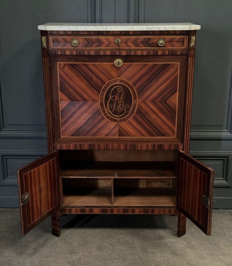 Louis XVI period desk in monogram marquetry and white marble