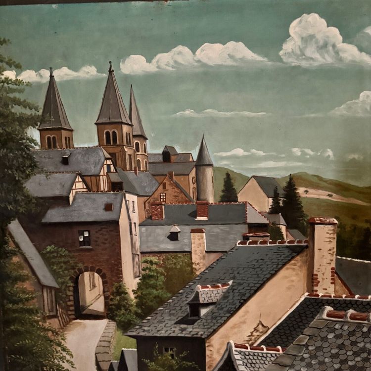 Oil on panel depicting a village in 1961