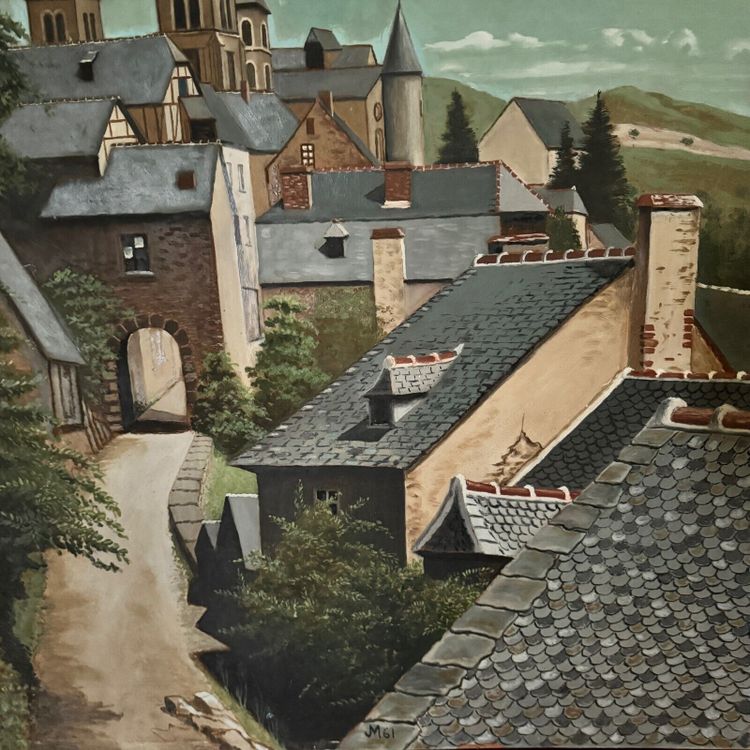 Oil on panel depicting a village in 1961