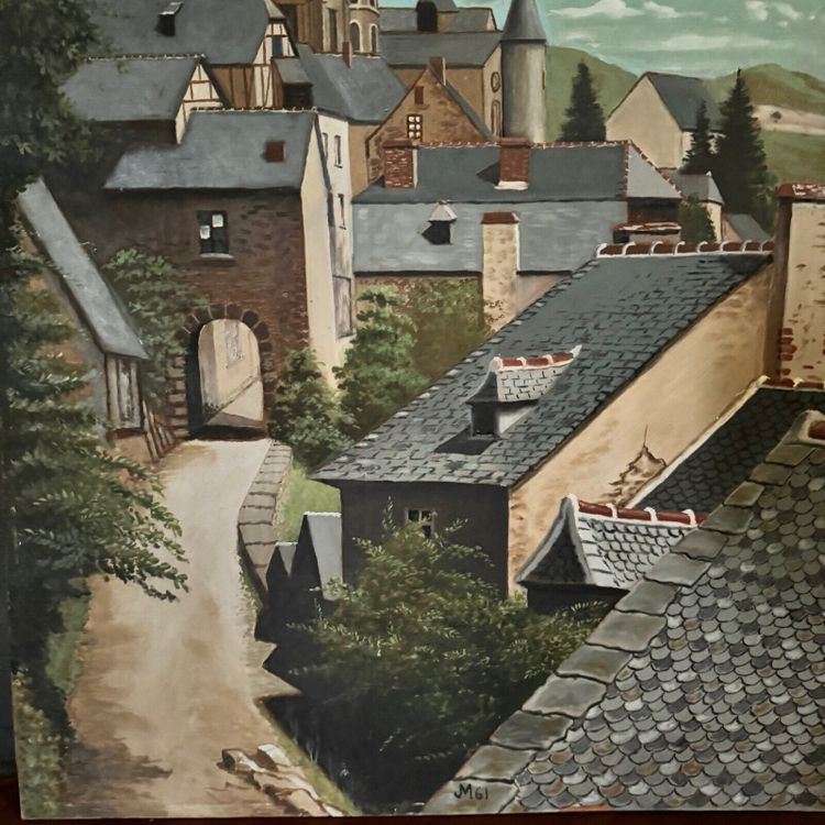 Oil on panel depicting a village in 1961