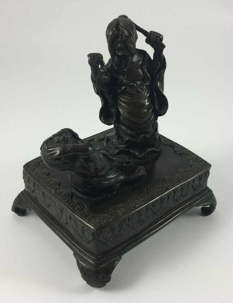 Bronze Japan chocolate patina witch casting spells 19th century