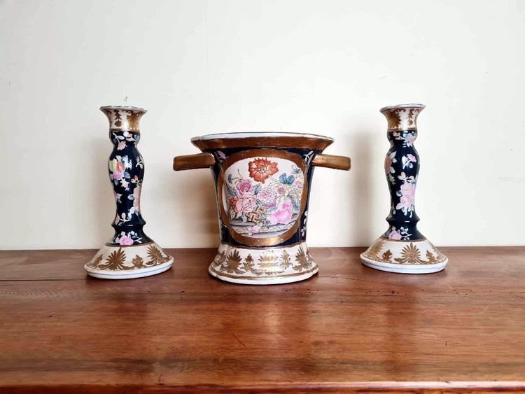 Japanese Triptych Including 1 Pot-Holder and 2 Porcelain Candleholders