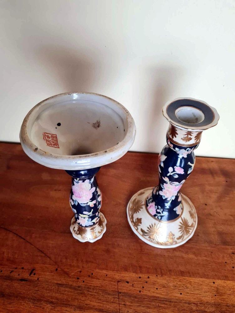 Japanese Triptych Including 1 Pot-Holder and 2 Porcelain Candleholders