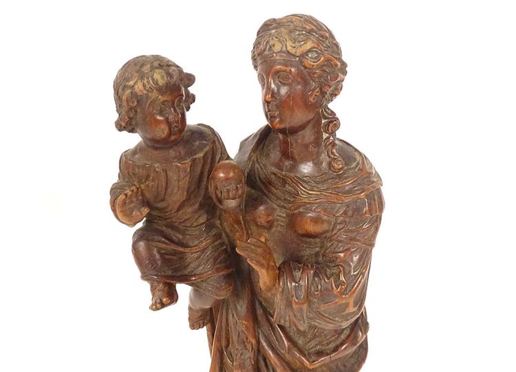 Sculpture Statue Vierge à l'Enfant Jésus Buis Sculpté 40cm Fin XVIIIème