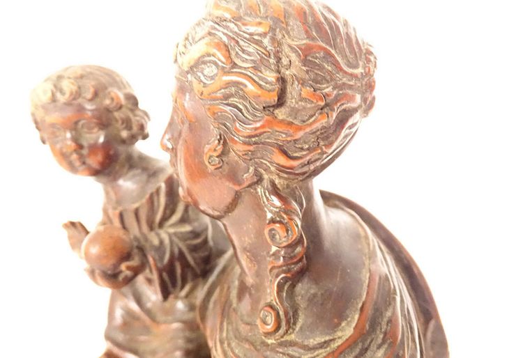 Sculpture Statue Vierge à l'Enfant Jésus Buis Sculpté 40cm Fin XVIIIème