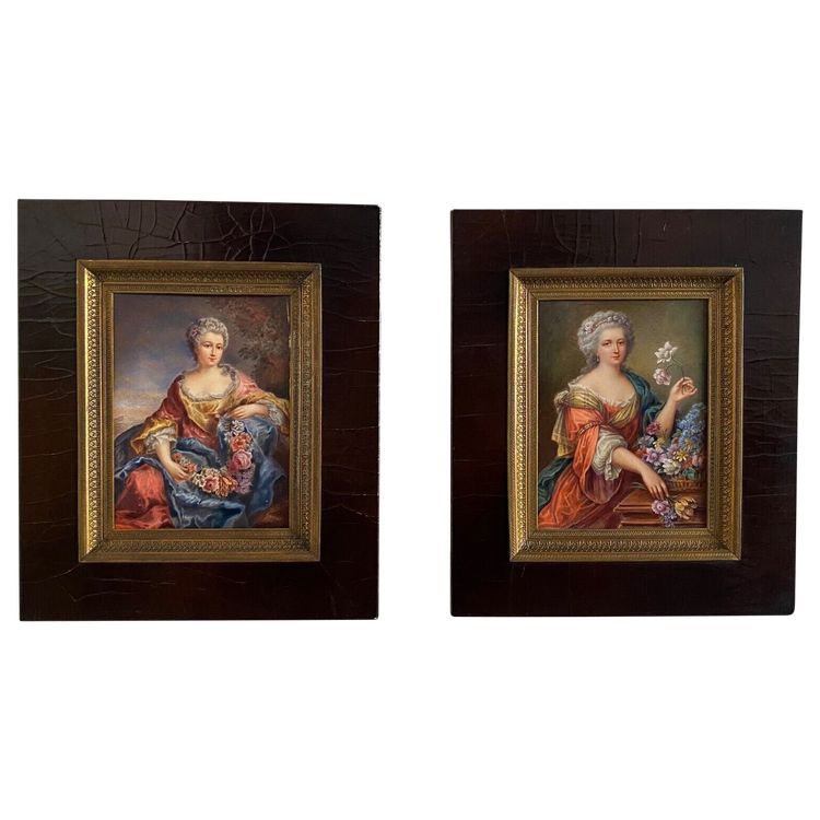 Hand-painted 18th-century women's miniatures signed after Van Loo