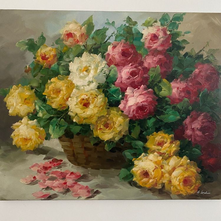 Oil on canvas still life bouquet of roses XXth by A. Jordin