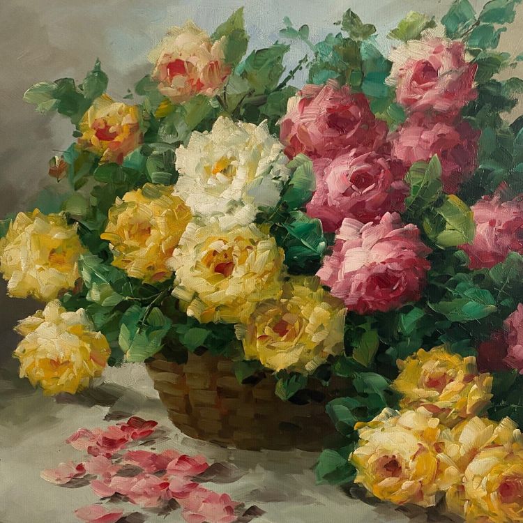 Oil on canvas still life bouquet of roses XXth by A. Jordin