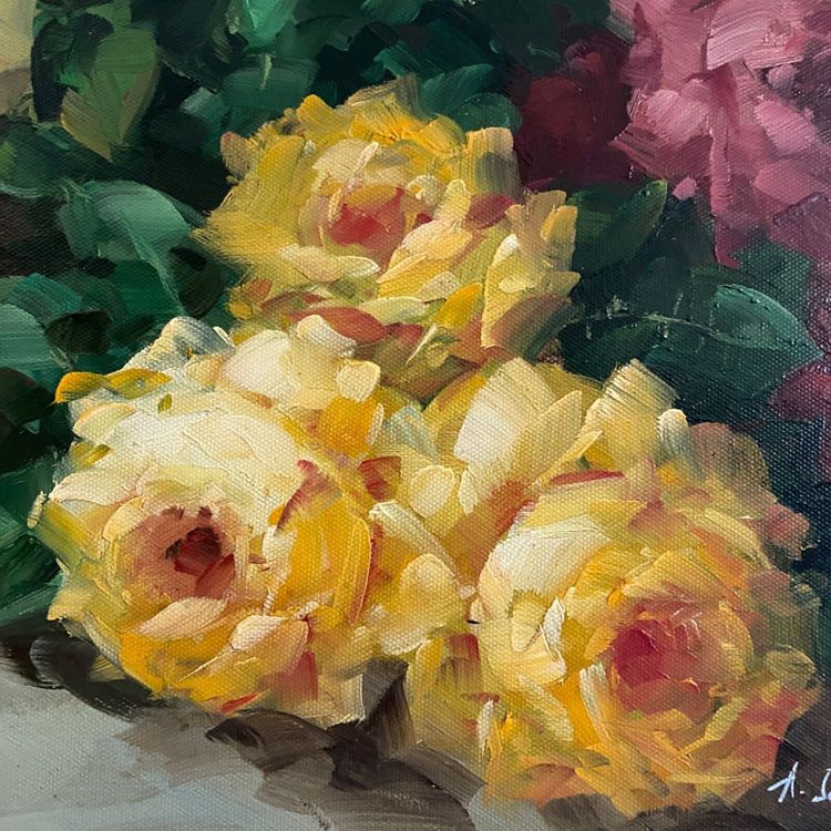 Oil on canvas still life bouquet of roses XXth by A. Jordin