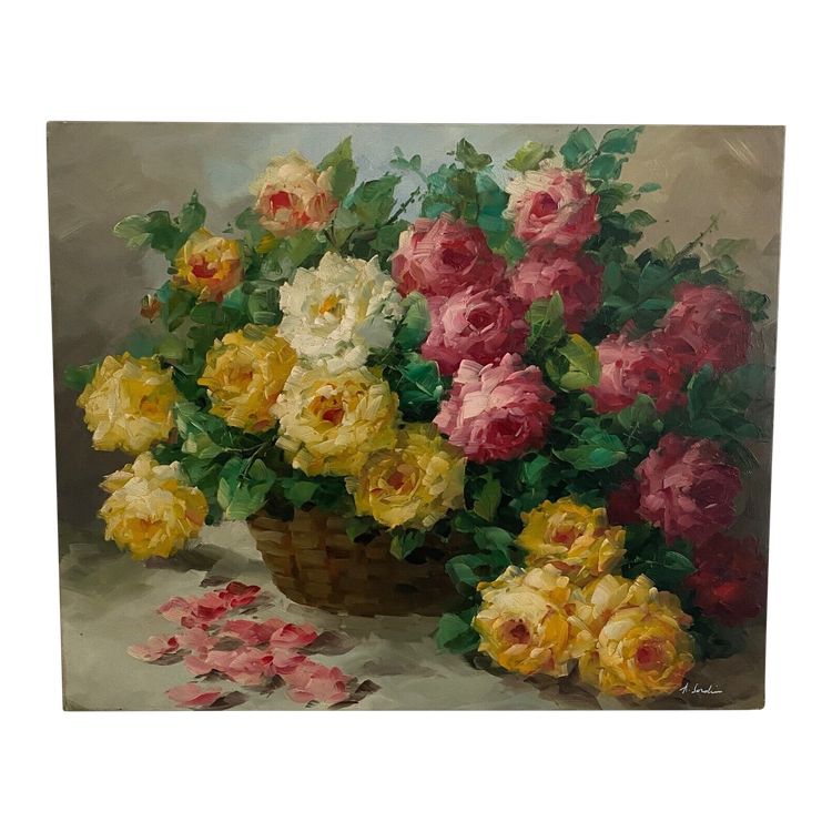 Oil on canvas still life bouquet of roses XXth by A. Jordin