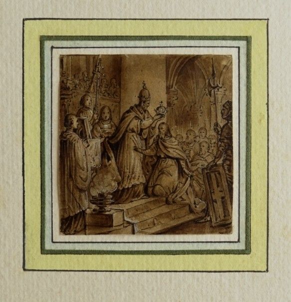 The Coronation of Charlemagne - Original antique drawing in pen, ink and wash