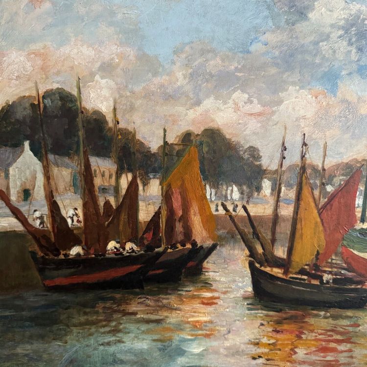 Oil on cardboard by Henri Malfroy Savigny fishing port