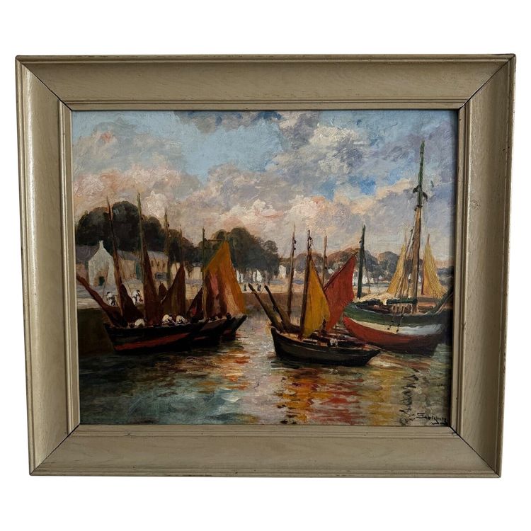 Oil on cardboard by Henri Malfroy Savigny fishing port