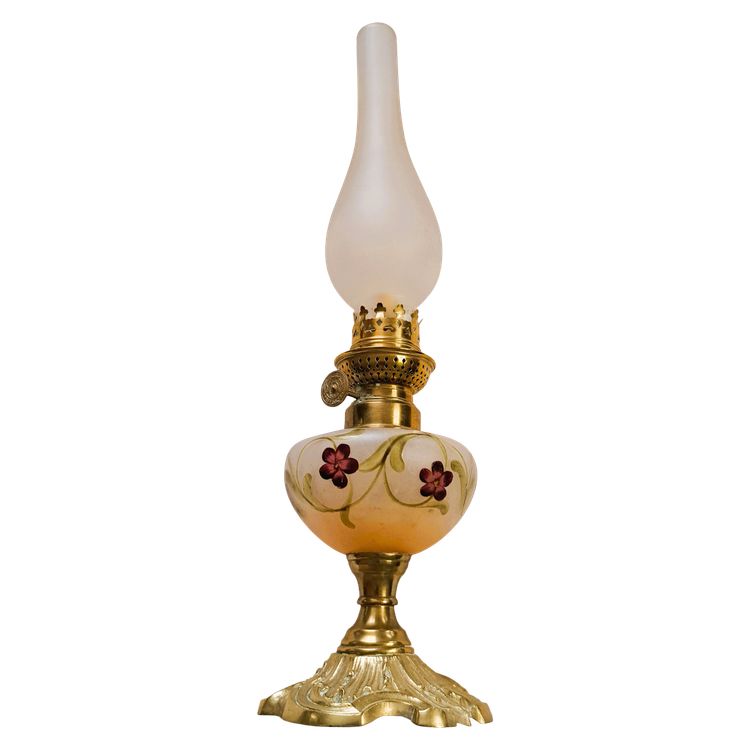 Lampe à pétrole en verre émaillé 1900 Art Nouveau à décor floral pied bronze