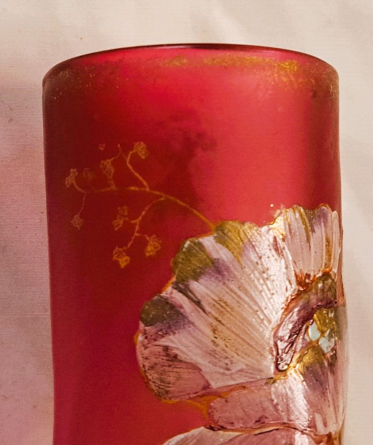 Pair of François Théodore Legras vases in enamelled twisted glass on a pink background with floral decoration, early 20th century