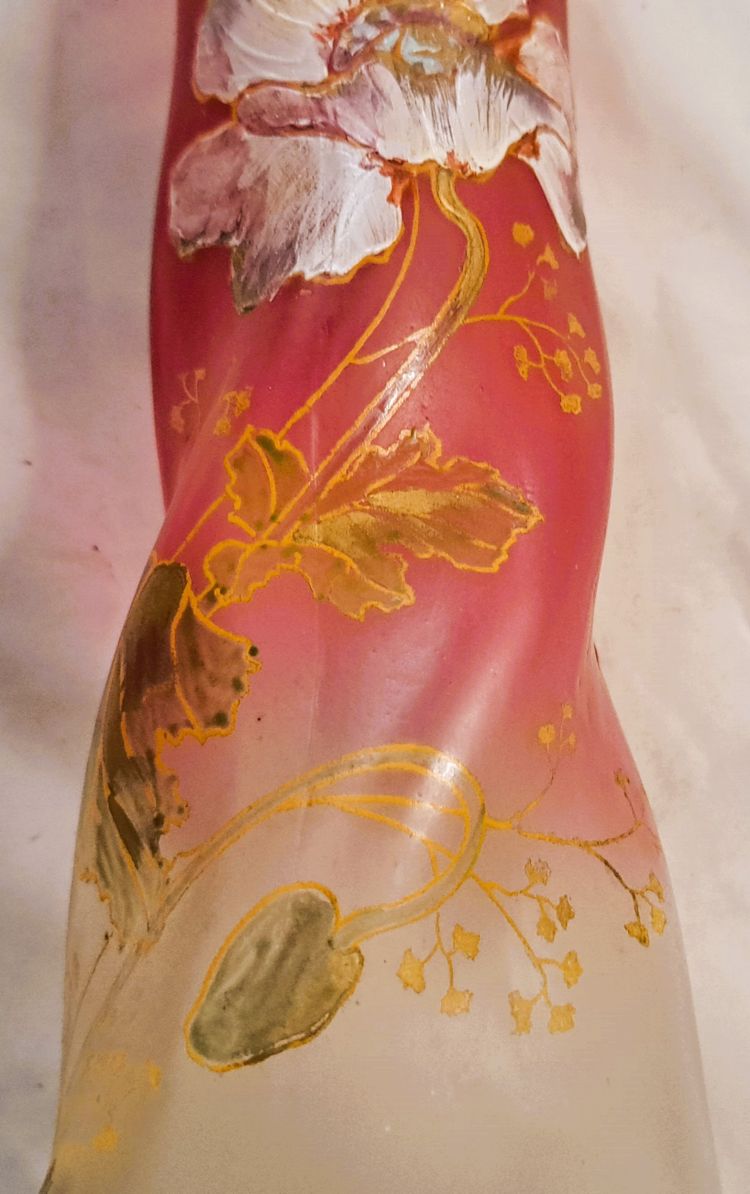 Pair of François Théodore Legras vases in enamelled twisted glass on a pink background with floral decoration, early 20th century