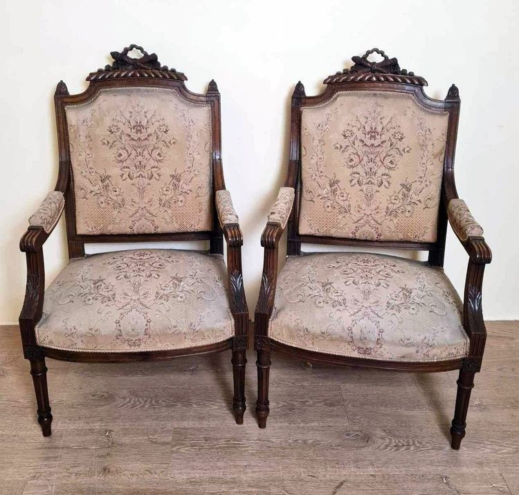 Pair Of Louis XVI Style Queen Armchairs In Richly Carved Wood