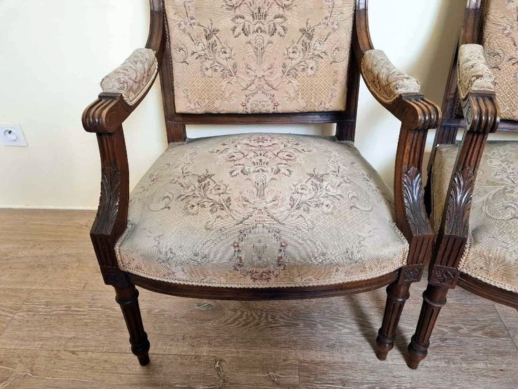 Pair Of Louis XVI Style Queen Armchairs In Richly Carved Wood