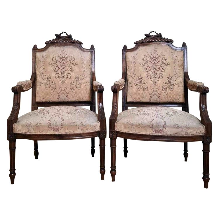 Pair Of Louis XVI Style Queen Armchairs In Richly Carved Wood