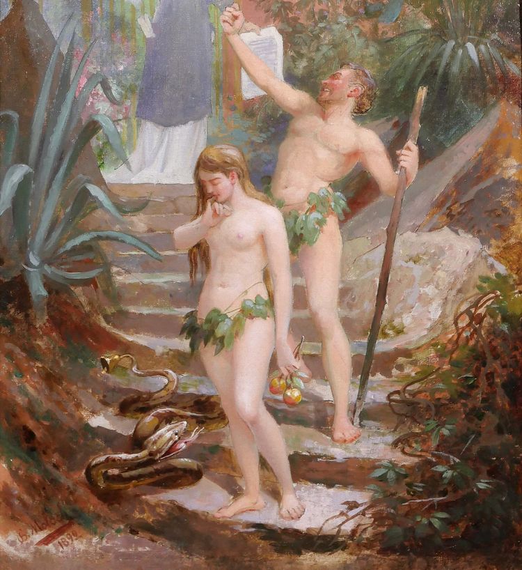 B. MOLOCH 1849-1909 Adam et Eve chassés du Paradis, painting, 1892, cartoon, Alphonse Colomb