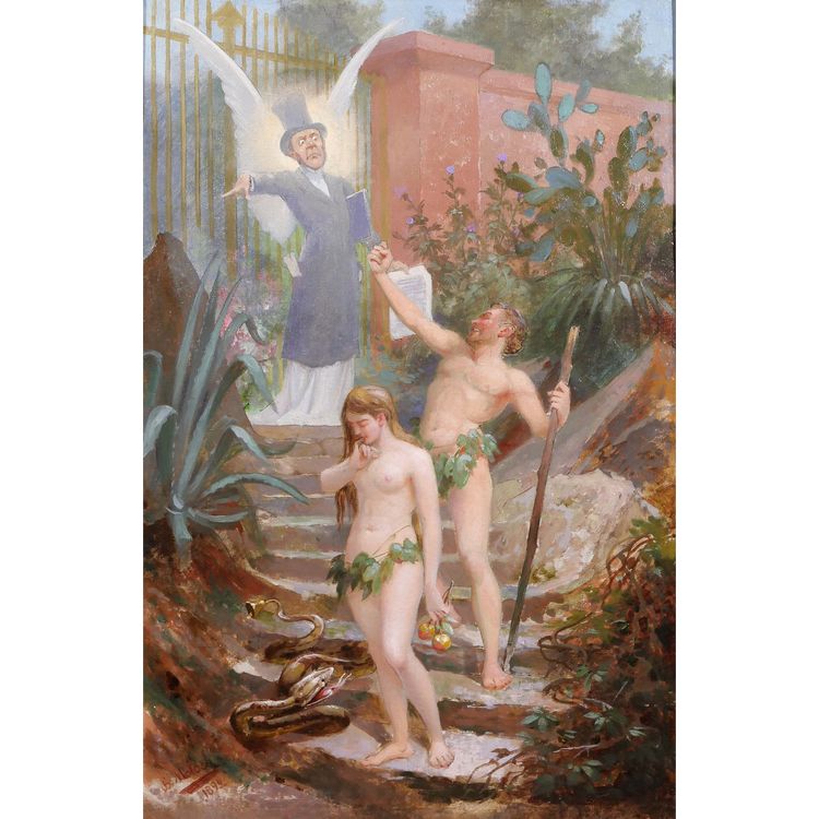 B. MOLOCH 1849-1909 Adam et Eve chassés du Paradis, painting, 1892, cartoon, Alphonse Colomb