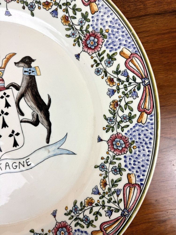 Early 20th Century Brittany: Huge Hand-Painted Coat-of-Arms and Dog Dish