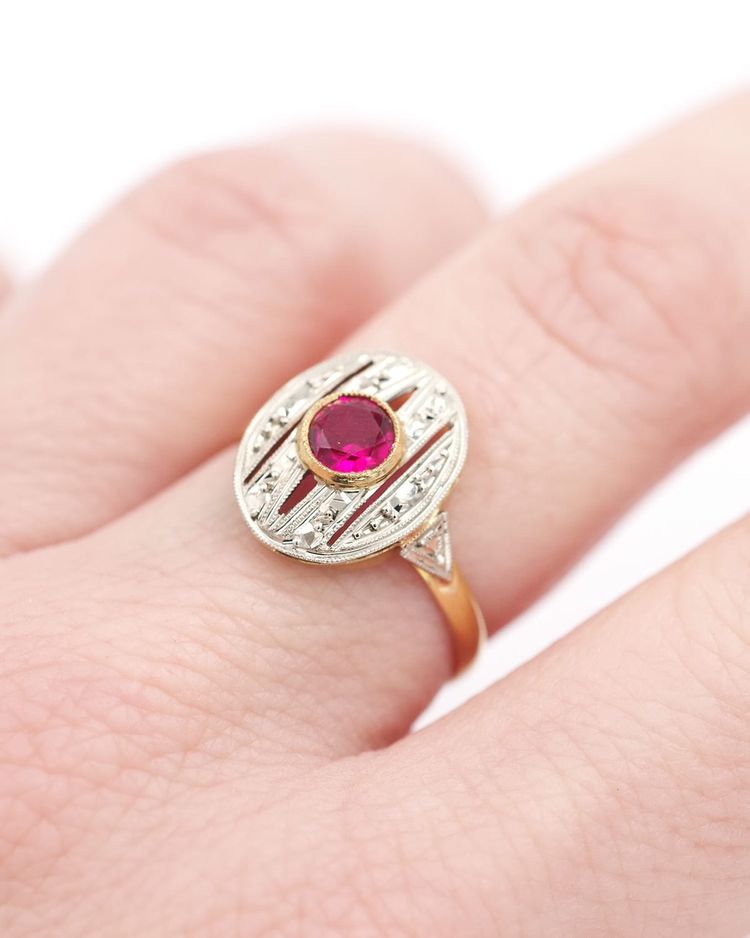 18k Gold And Platinum Oval Art Deco Ring, Synthetic Ruby, Art Deco Jewelry