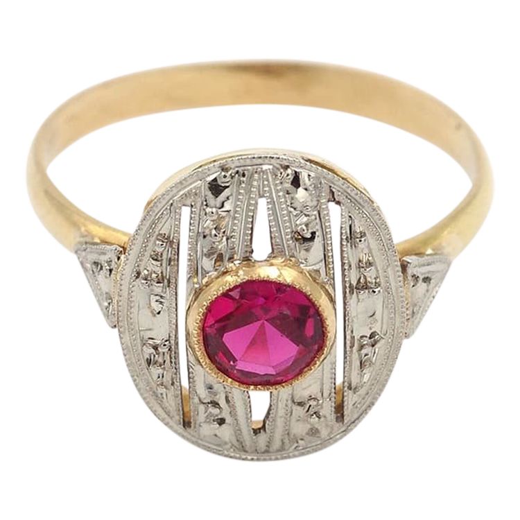 18k Gold And Platinum Oval Art Deco Ring, Synthetic Ruby, Art Deco Jewelry