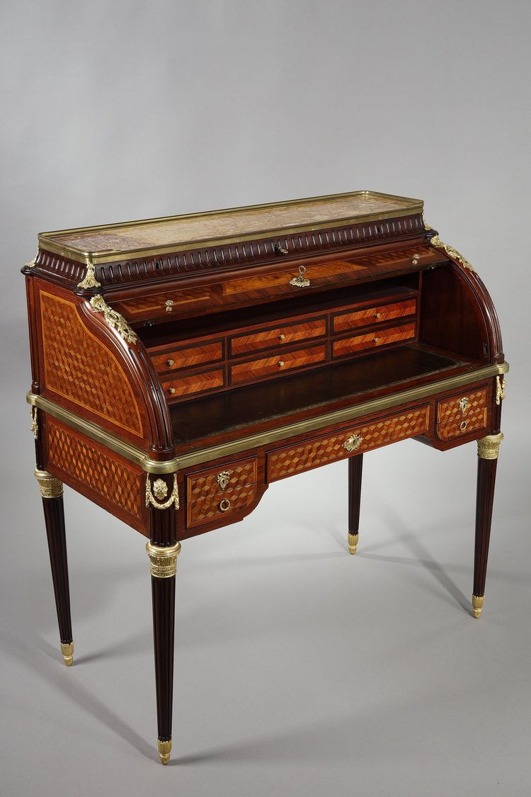 LOUIS XVI STYLE CYLINDER DESK IN MARQUETRY AND GILT BRONZES, LATE 19TH CENTURY