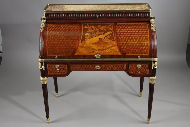 LOUIS XVI STYLE CYLINDER DESK IN MARQUETRY AND GILT BRONZES, LATE 19TH CENTURY