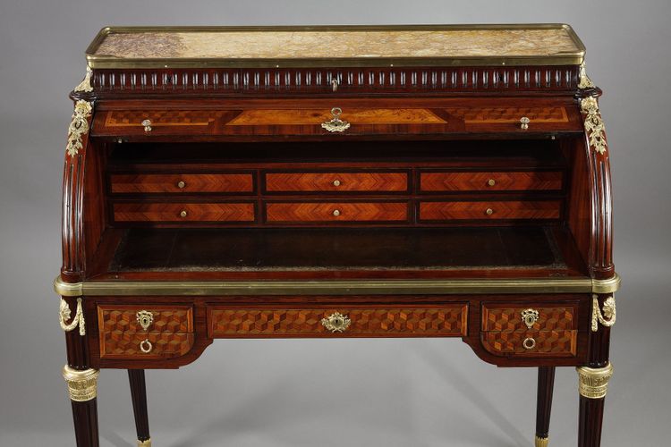 LOUIS XVI STYLE CYLINDER DESK IN MARQUETRY AND GILT BRONZES, LATE 19TH CENTURY