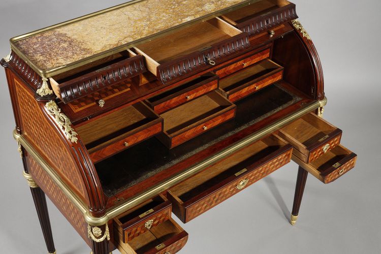 LOUIS XVI STYLE CYLINDER DESK IN MARQUETRY AND GILT BRONZES, LATE 19TH CENTURY