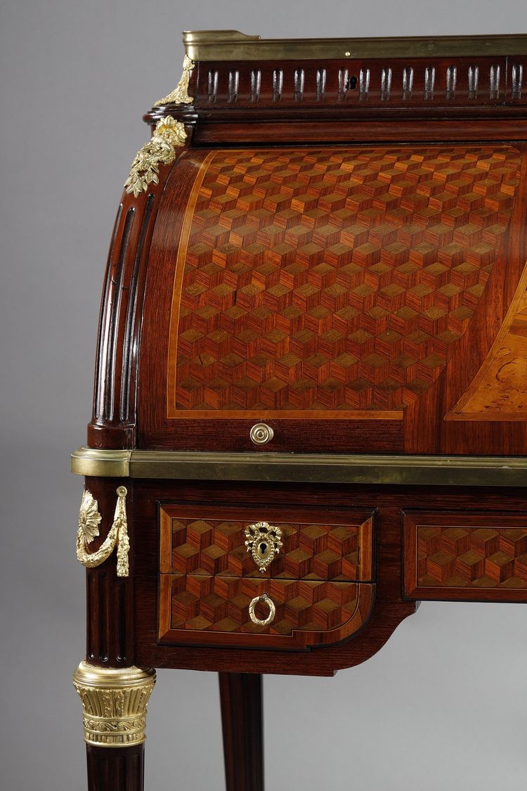 LOUIS XVI STYLE CYLINDER DESK IN MARQUETRY AND GILT BRONZES, LATE 19TH CENTURY