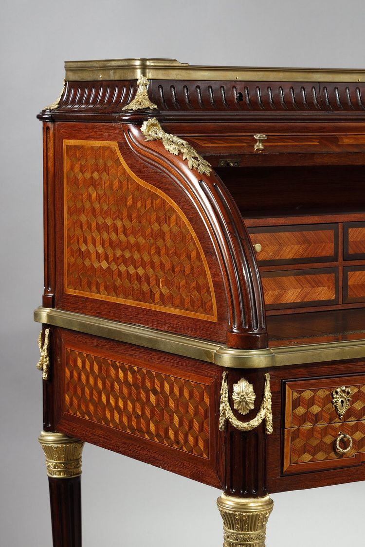 LOUIS XVI STYLE CYLINDER DESK IN MARQUETRY AND GILT BRONZES, LATE 19TH CENTURY