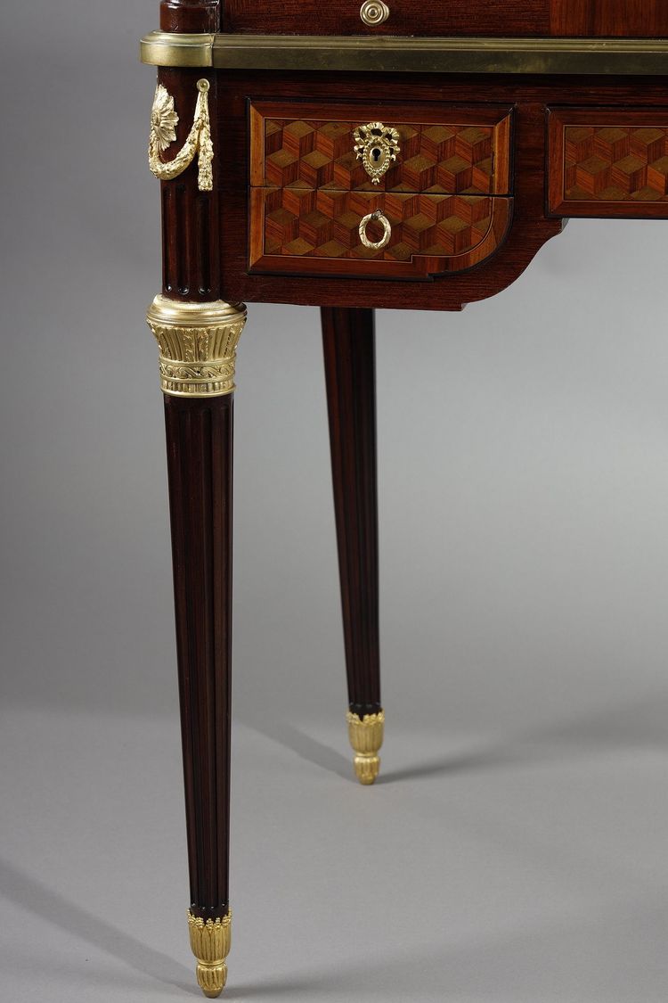 LOUIS XVI STYLE CYLINDER DESK IN MARQUETRY AND GILT BRONZES, LATE 19TH CENTURY