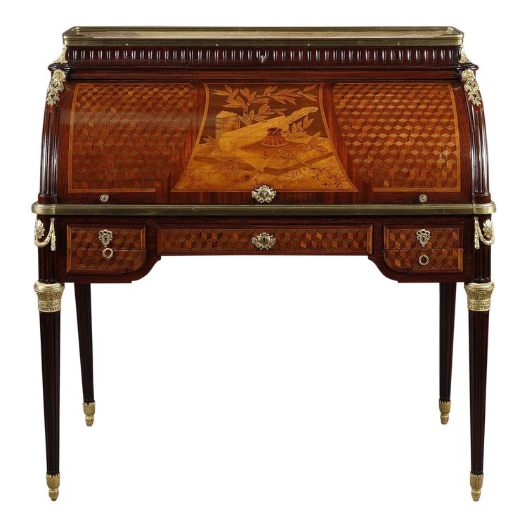 LOUIS XVI STYLE CYLINDER DESK IN MARQUETRY AND GILT BRONZES, LATE 19TH CENTURY