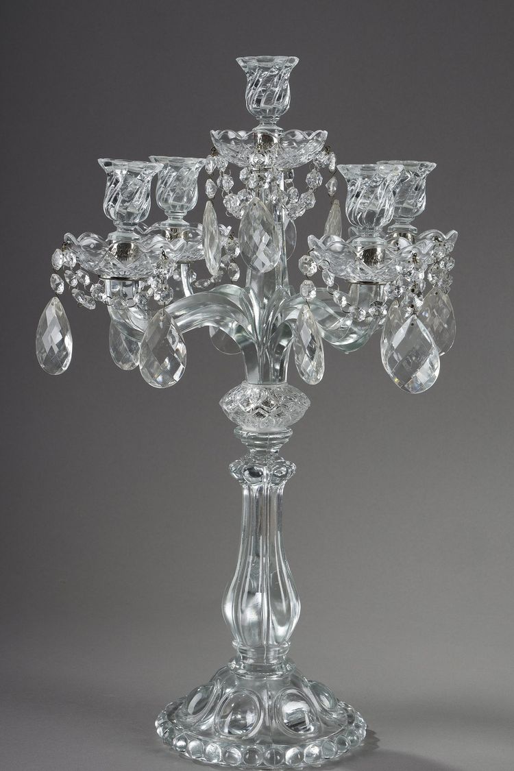 Pair of glass candelabras with crystal pendants