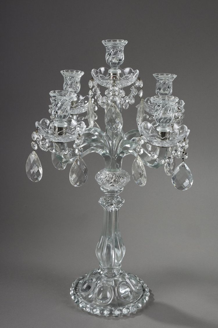 Pair of glass candelabras with crystal pendants