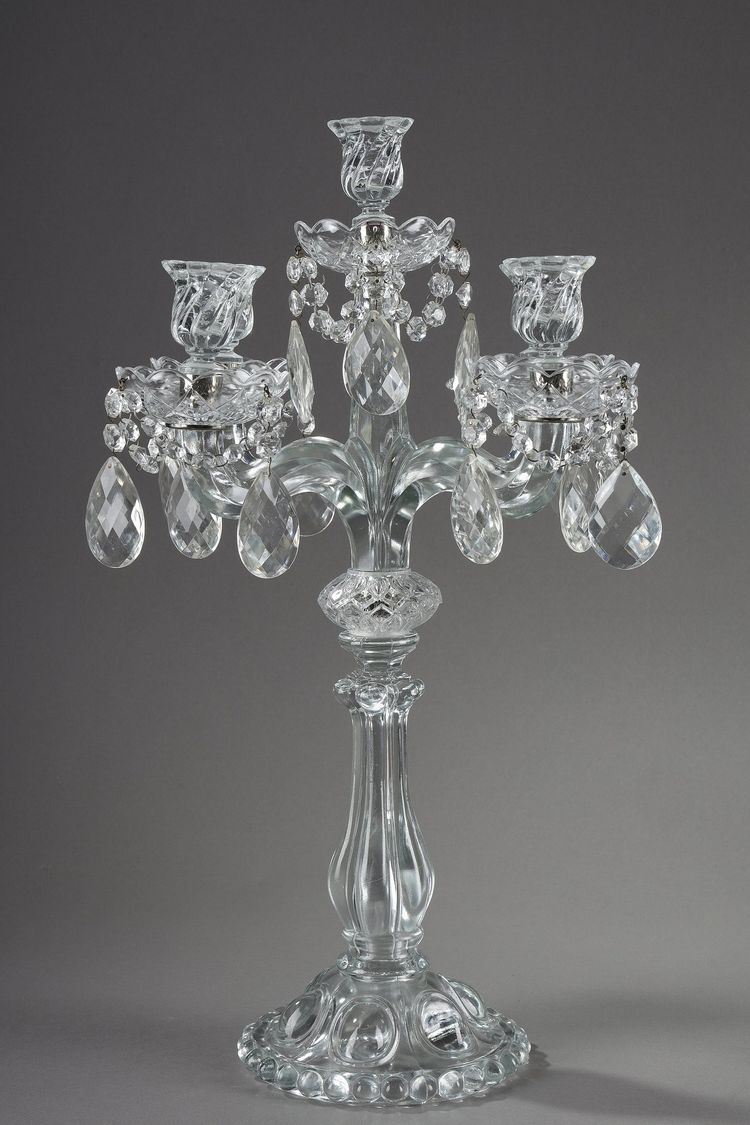 Pair of glass candelabras with crystal pendants