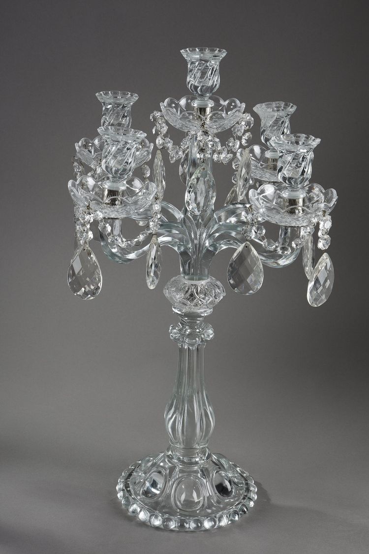 Pair of glass candelabras with crystal pendants